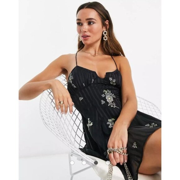 Asos Design Floral Embroidered Cami Mini Dress in Satin Stripe Size 6 - Picture 3 of 12